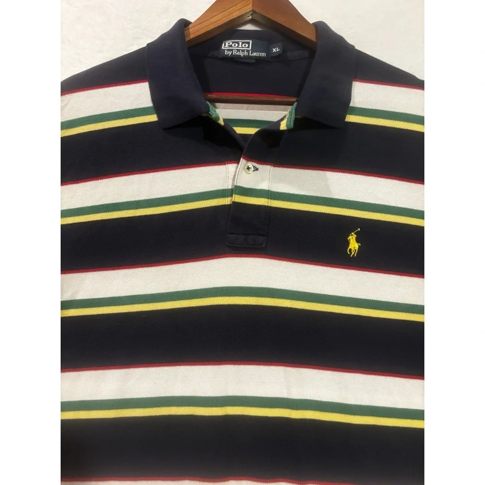 Polo Ralph Lauren Polo Shirt XL Mens Blue Yellow White Striped Vintage Green Red